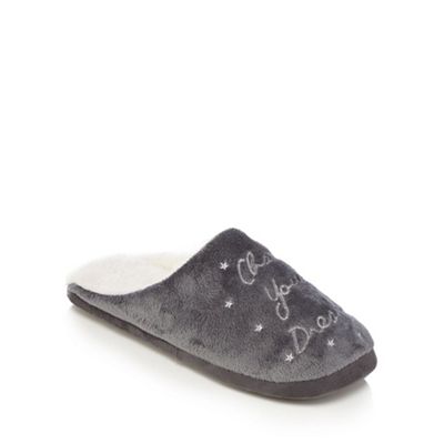 Lounge & Sleep Grey embroidered 'Chase your dreams' mule slippers